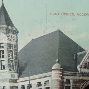 Post Office, Rockford, Ill. Postmarked 1909. Sent from Rockford to Dubuque, Iowa