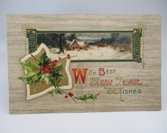 Antique New Year Postcard: John Winsch 1911, Embossed Holly Gilt Trim