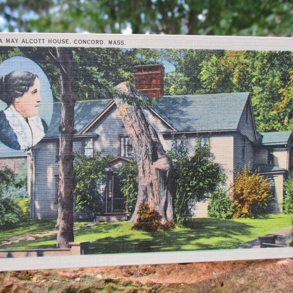 Concord, Mass. Louisa May Alcott House. Linen era Post Card, Tichnor Quality View, Postally unused