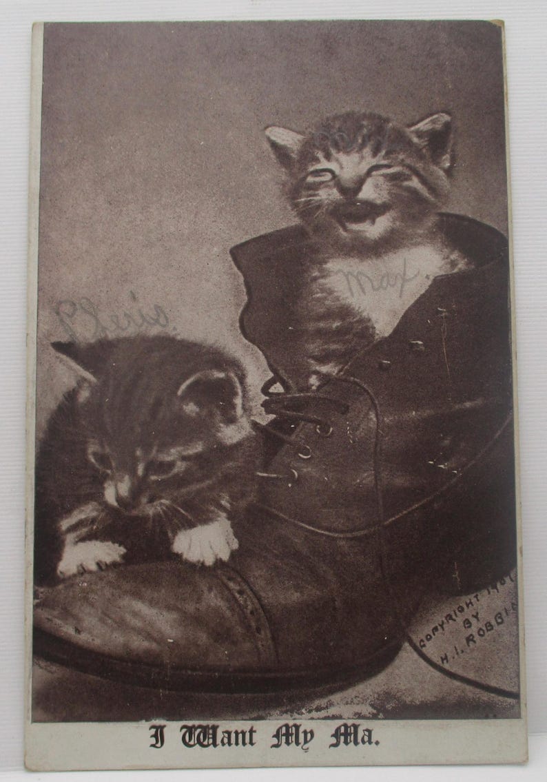 May include: Vintage sepia-toned postcard featuring two kittens. One kitten is inside a large boot, with the name "Max" written on the boot. The other kitten is next to the boot. The text "I Want My Ma" is at the bottom.