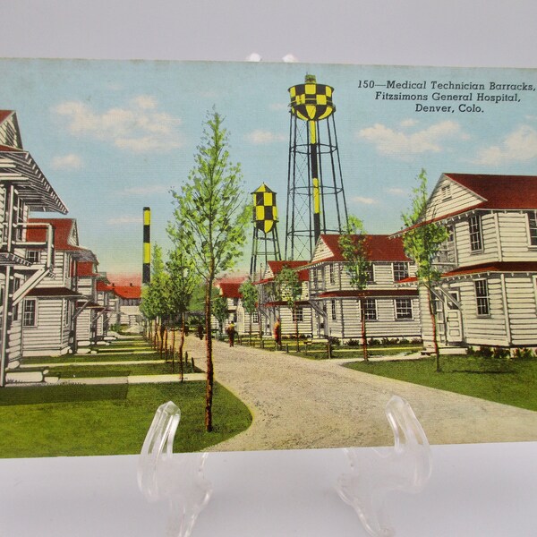 Medical Technician Barracks, Fitzsimons General Hospital, Denver, Colorado. 1940s linen Post Card. WWII era.