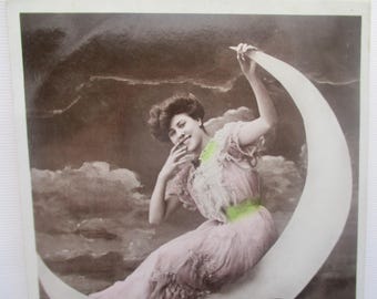 Antique French Postcard: Woman on Crescent Moon, Early 1900s
