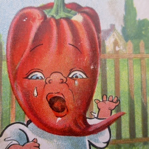 May include: Vintage illustration of a crying red bell pepper with a human-like face, wearing a white shirt. The pepper has blue eyes and a crying expression. A small hand is raised in a waving gesture. A fence and a house are in the background.