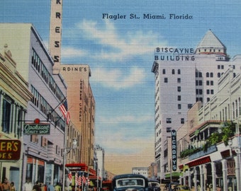 Miami, Florida. Flagler Street . 1930s vintage linen era Post Card. Tichnor Quality View.