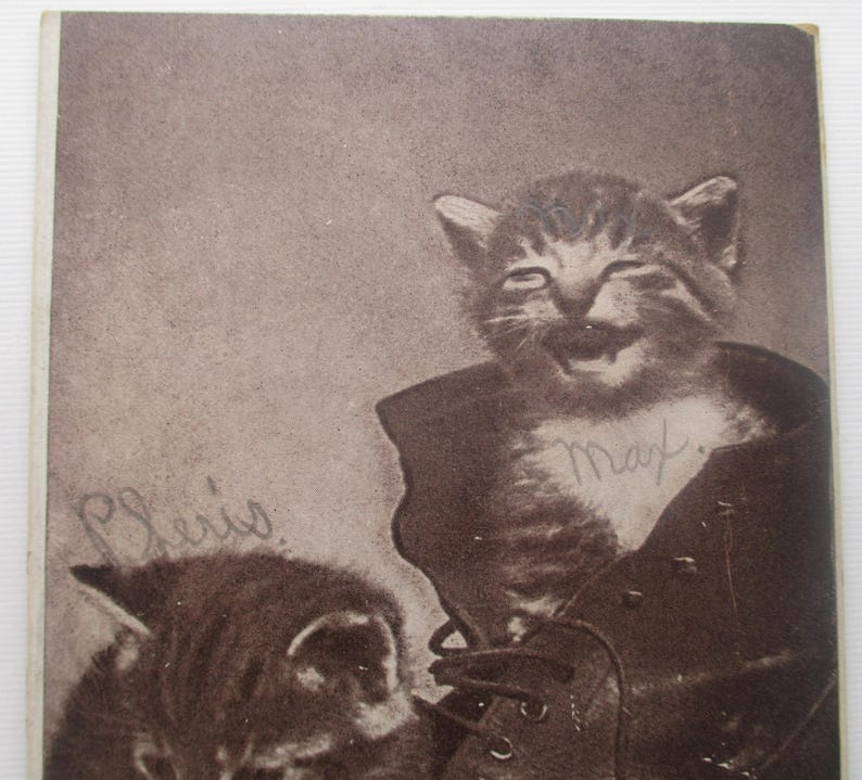 May include: Sepia-toned vintage photograph featuring two kittens. One kitten is inside a boot, with the name "Max" written on its chest. The other kitten is partially visible, with the name "Chris" written on the image. The kittens appear to be smiling.