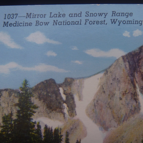 Scenic color vintage postcard Mirror Lake and Snowy Range in Medicine Bow National Forest, Wyoming USA