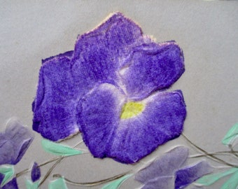 May include: A purple flower with a white center, painted on a light gray background. The flower is part of a larger floral design.