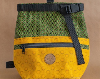 AfriKat Chalk Bucket in Green & Yellow with Buckle, Velcro Seal, Carabiner Loop, + Multiple Pockets for your Brushes, Tape and Phone