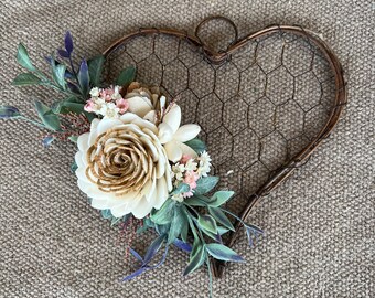 Wood Flowers, Heart Decor, Home Decor, Mother's Day Gift, Rustic Heart Decor, Farmhouse Decor, Chicken Wire Decor, Hearts and Wood Flowers,