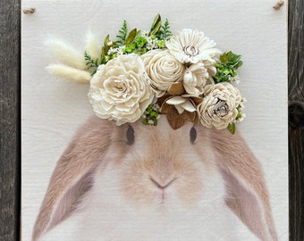 Wood flowers, Rabbit Decor, Bunny Decor, Rabbit Picture, Animal Decor, Animal Print, Wood Flower Decor, 4H Gift, Bunny Gift, Home Decor