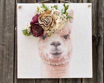 Llama,Llama picture, wood flowers, floral arrangement, Llama Flower Arrangement, Home Decor, Llama Decor, Llama Wood Print, Barn Decor