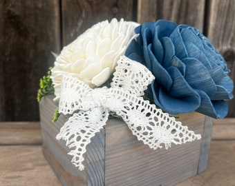 Wood Flowers, Small Flower Arrangements, Farmhouse Decor, Rustic Home Decor, Handmade Flowers, Tier Tray Decor, Blue Floral Arrangements