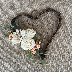 Wood Flowers, Heart Decor, Home Decor, Mother's Day Gift, Rustic Heart Decor, Farmhouse Decor, Chicken Wire Decor, Hearts and Wood Flowers, image 2