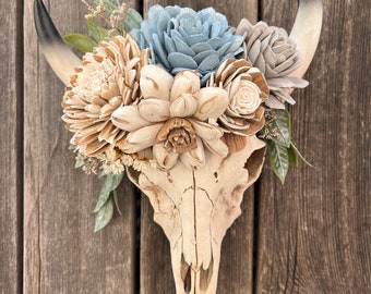 Faux Bull Skull, Bull Skull, Faux Skull, Wood Flowers Decor, Flowers on Skull, Rustic Decor, Handmade Flowers, Rustic Bull Decor, Home Decor