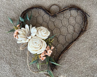 Wood Flowers, Heart Decor, Home Decor, Gifts for her, Rustic Heart Decor, Farmhouse Decor, Chicken Wire Decor, Hearts and Wood Flowers,