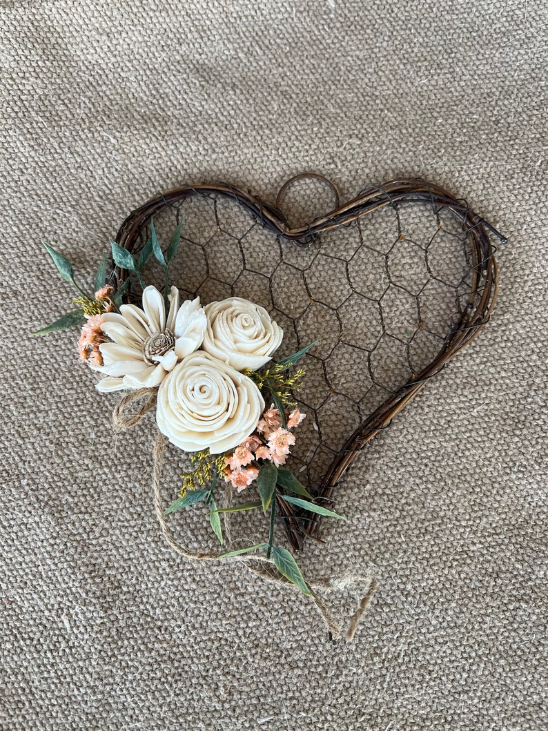 Wood Flowers, Heart Decor, Home Decor, Mother's Day Gift, Rustic Heart Decor, Farmhouse Decor, Chicken Wire Decor, Hearts and Wood Flowers, image 1