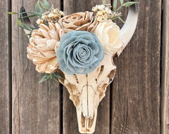 Faux Bull Skull, Bull Skull, Faux Skull, Wood Flower Decor, Flowers on Skull, Rustic Decor, Cow Skull, Gifts for her, Home Decor, Cow Decor