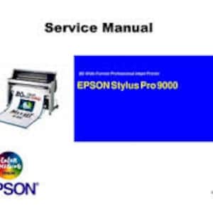 Könnte beinhalten: Ein Epson Stylus Pro 9000 Großformat-Tintenstrahldrucker in Blau und Weiß mit einer Papierrolle, die in den Drucker eingezogen wird. Der Drucker steht auf einer weißen Oberfläche. Das Epson-Logo befindet sich in der linken unteren Ecke des Bildes.
