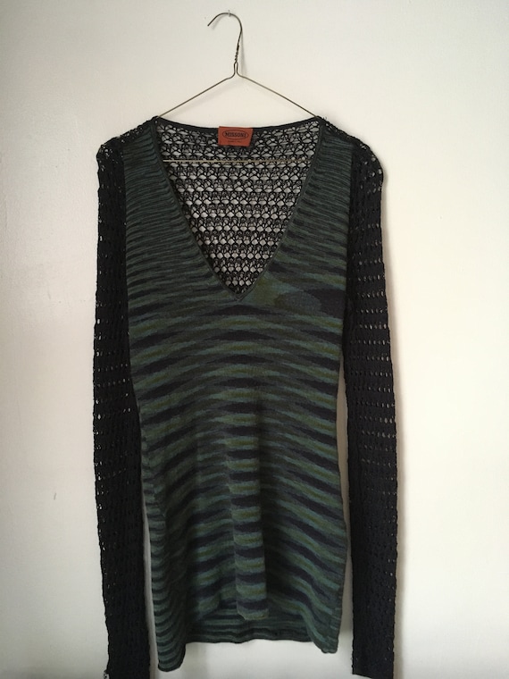 Missoni green and blue sweater w/ deep v, open kni