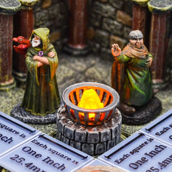 Kleine ijzeren komfoor van 28 mm op stenen voet met flikkerende LED-vlam voor Dungeons and Dragons