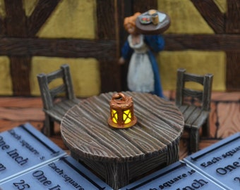 Round Table with Flickering LED light lantern and chairs - Dungeons and Dragons D&D