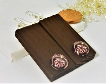 Wooden Earrings, Rectangle Earrings, Brown Earrings, Retro Earrings, Recycled Earrings, Summer Earrings, Hippie Earrings, Unique,