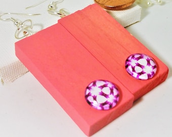 Wooden Earrings, Rectangle Earrings, Pink Earrings, Retro Earrings, Recycled Earrings, Summer Earrings, Hippie Earrings, Unique,