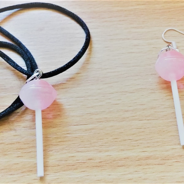 Pink Pamplemousse Fizz Résine Lollipop Charm Collier et boucles d’oreilles