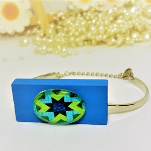 Wood Bracelet, Wooden Bracelet, Rectangle Bracelet, Blue Bracelet, Retro Bracelet, 5th Anniversary, Fashion Bracelet, Statement Bracelet