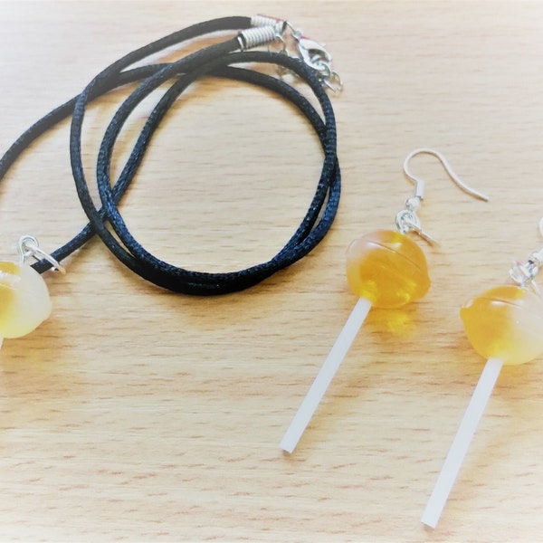 Collier et boucles d’oreilles yellow lemon fizz résine lollipop charme