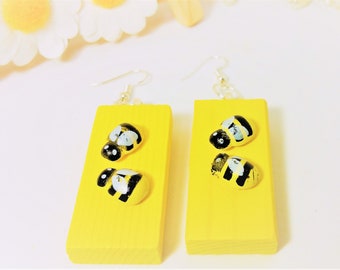 Two Bees Earrings, Bee Earrings, Bees Earrings, Yellow Bee Earrings, Yellow Bees Earrings, Wooden Bee Earrings, Wooden Bees Earrings, Gift