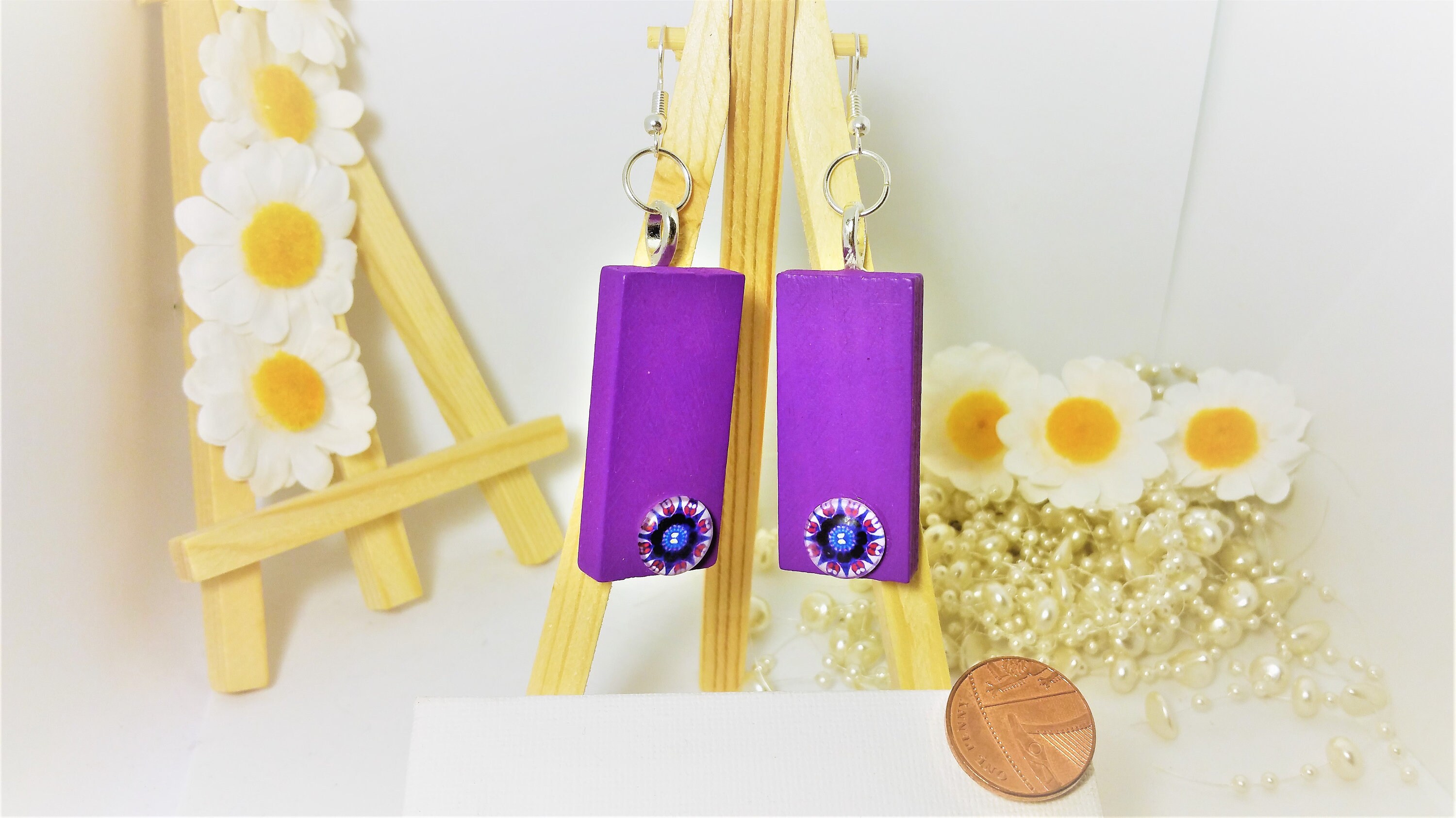 Wood Earrings, Wooden Earrings, Rectangle Earrings, Purple Earrings ...