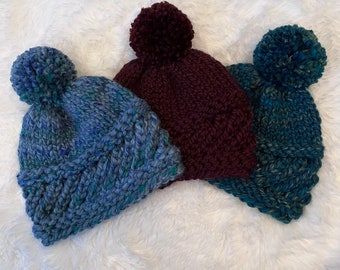 Hand Knit Children’s Beanie, Chunky Knit Kids Hat, Dark Burgundy  Handmade Winter Cap, Toddler Hat With Pompom, Green Light Blue