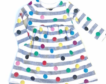 Girls Polka Dot Knit Dress, Little Girls Long Sleeved Striped Dress, Toddlers School Dress