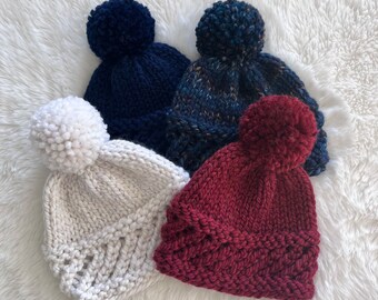 Hand Knit Children’s Beanie, Sparkly Knit Kids Hat, Handmade Burgundy Winter Cap, Toddler Navy Knit Hat With Pompom