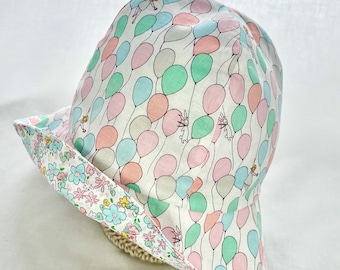 Balloons Sunbonnet, Little Girls Flower Hat, Toddlers Floppy Sun Hat, Girl's Handmade Reversible Beach Hat