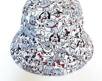 Child's Puppy Bucket Hat, Kids Puppy Dogs, Unisex Beach Hat, Sun Hat, Infant Toddler Summer Hat, Red and Black Polka Dots