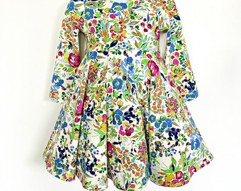 Little Girls Back To School Dress, Toddlers Knit Floral Dress, V-Back,  Twirly Circle Skirt