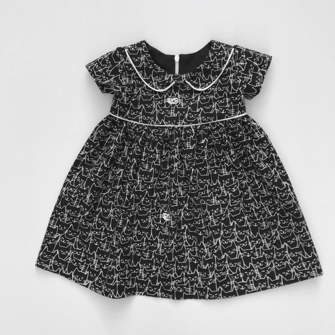 Little Girls Kitty Cat Dress, Baby Dress, Peter Pan Collar, Toddler Black and White Kitties