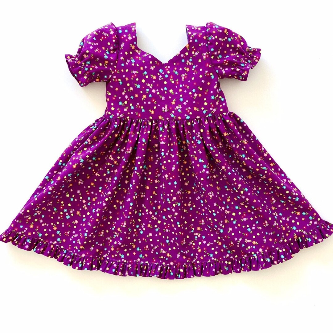 Girls Spring Flowers Dress, Toddlers Purple Floral Ruffled Dress, Short