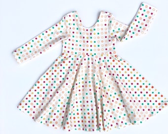 Little Girls Polka Dot Dress, Girls School Outfit, Toddlers Knit Dress, V-Back,  Twirly Circle Skirt
