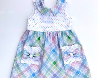 Girls Pastel Plaid Dress, Sleeveless Summer Dress with Peter Pan Collar and Pockets, Family Photo Outfit