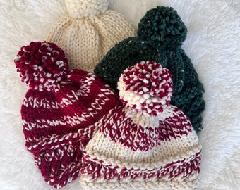 Kids Hand Knit Beanie, Warm Winter Cap, Handmade Cream, Red, Green Hats