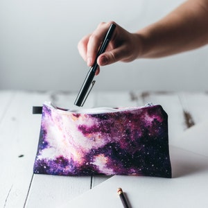 Pink Galaxy Zipper Case~Watercolor Canvas Pouch~Space Theme Travel Art Supply Cloth Pouch
