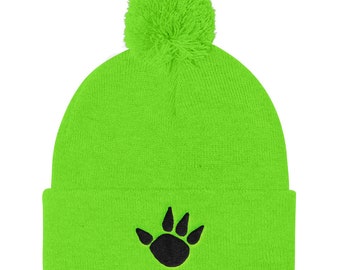 Neon Green Pom Pom Knit Cap With Embroiderd Black Claw~Board Game Hobby Accessories