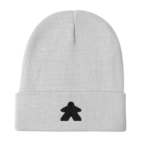 Black Meeple on a White Knit Beanie~Board Game Enthusiast Gift