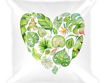 Tropical Leaf Heart Pillow~Tropical Home Decor~Summer Decor~Jungle Pillow~Watercolor Leaves Pillow~Watercolor Heart Pillow~Gift for Gardener