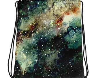 Green Galaxy DrawString Bag~Space Themed Lightweight Shoulder Bag~Green and Yellow Watercolored Book Bag~Gift for Kids~Back to School