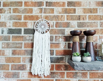 White Crochet Wall Hoop~Farmhouse Chic Fiber Decor~Hand Crochet Dream Catcher~Upcycled Vintage Fiber Art~Dorm Room Dreamcatcher~Bright White