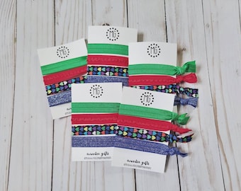 Primary Rainbow Hearts Hair Ties~Fantasy Festival Bracelet~Pride Hairbands~Blue and Green Festival Bands~Elastic No Metal Bands